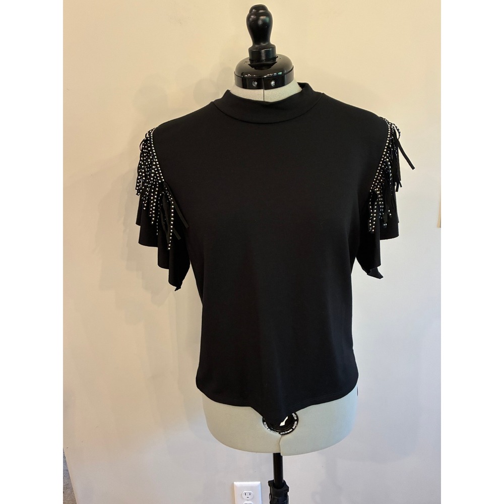 Bar III Black Rhinestone Fringe Shoulder Mock Neck Top | Size Extra Large (XL)